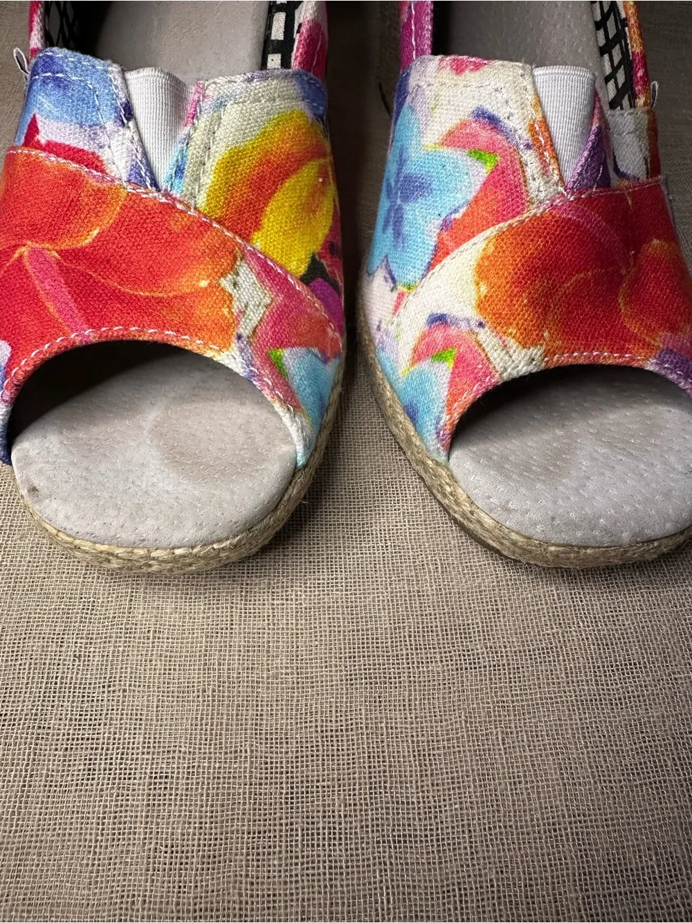 TOMS Multicolor Floral Canvas Wedge Espadrille - Pink, Orange, Blue